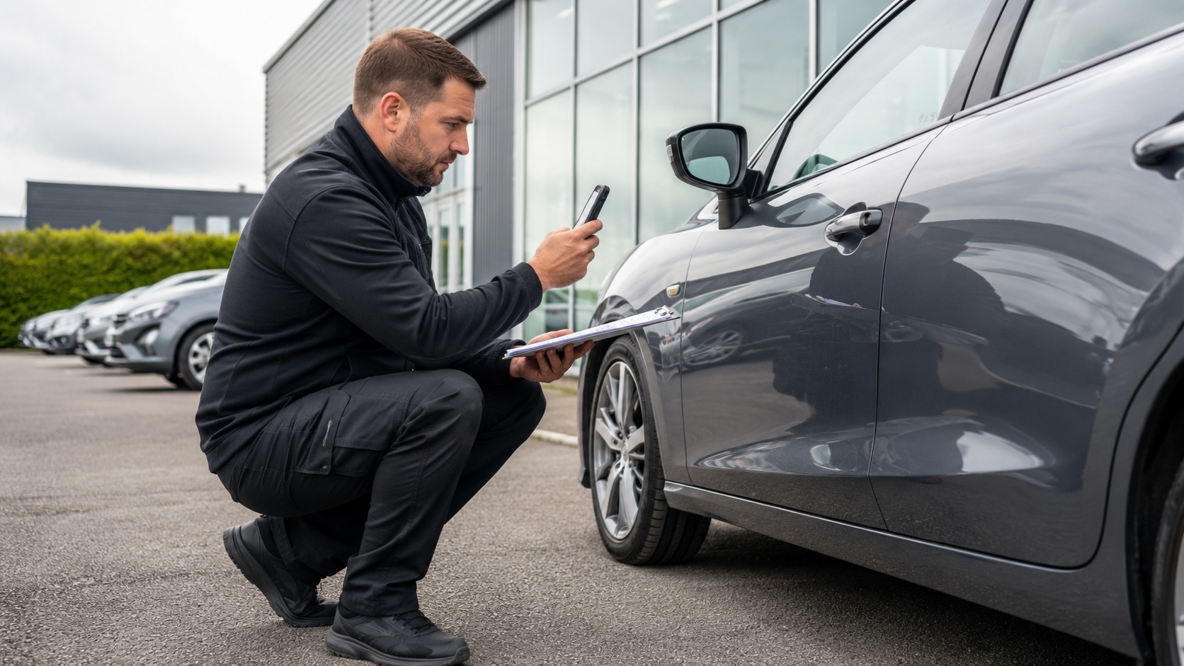 Professional driver photographing and recording the condition of a vehicle before collection