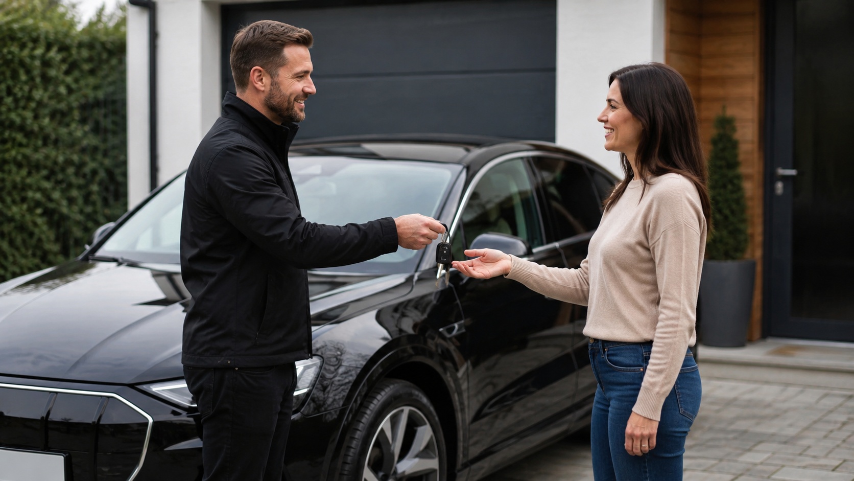Professional vehicle movement driver handing car keys to a customer at delivery